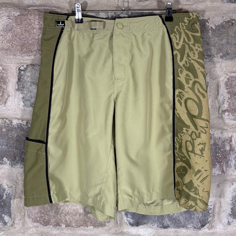 Prana Board Shorts Men's Large Green Mixed Prints Belted Pockets Vacation Summer